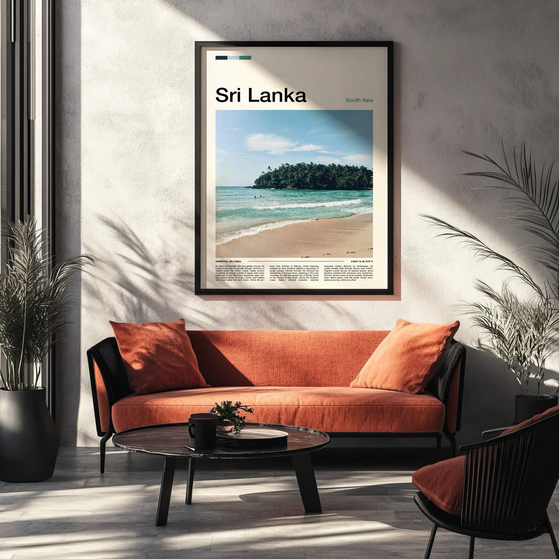 Sri Lanka Jungle Cove Shoreline Travel Print framed on the wall of a modern living room