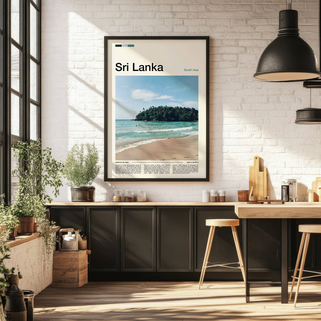Sri Lanka Jungle Cove Shoreline Travel Print framed on the wall of a bright kitchen and dining space