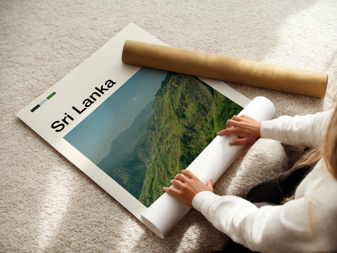 Sri Lanka Misty Hill Ridges Travel Print being unrolled from its postal tube