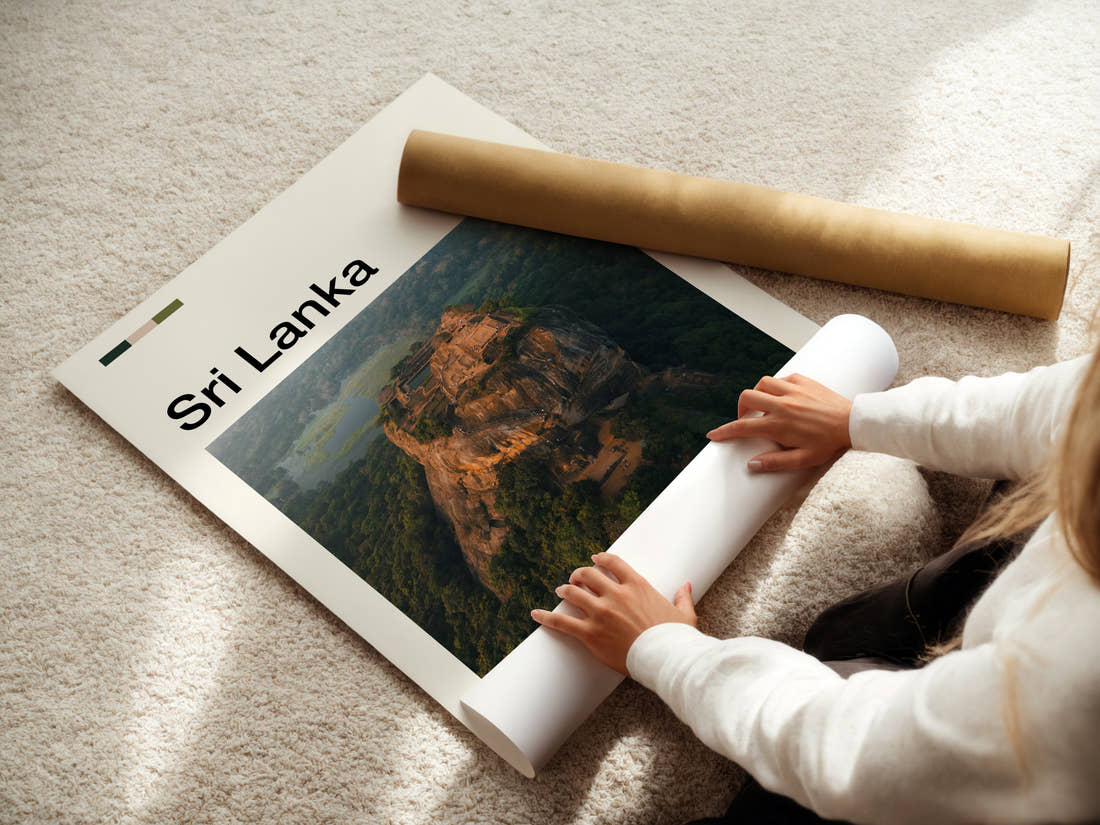 Sri Lanka Aerial Rock Fortress Travel Print being unrolled from its postal tube