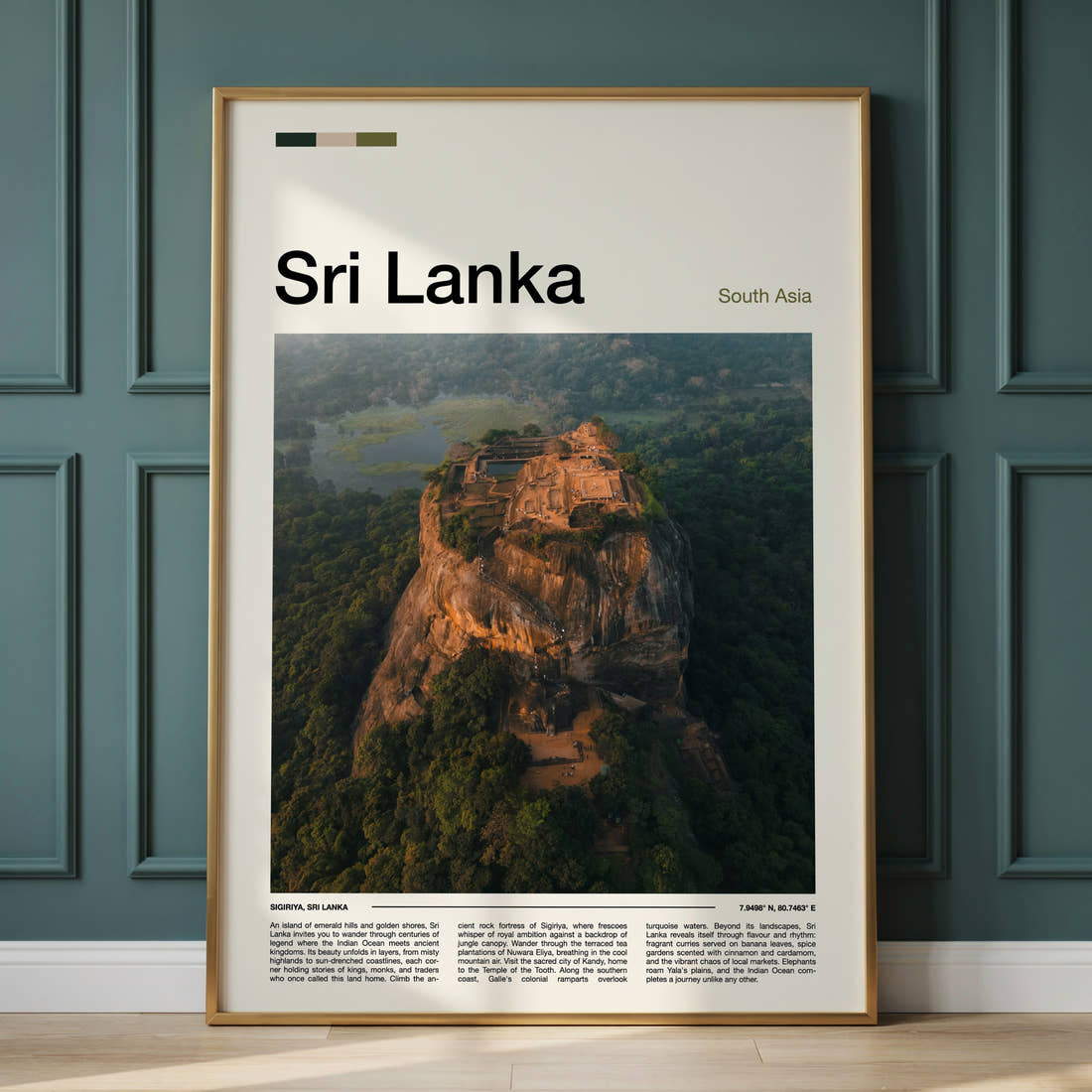 Sri Lanka Aerial Rock Fortress Travel Print framed on the wall of a calm, neutral bedroom