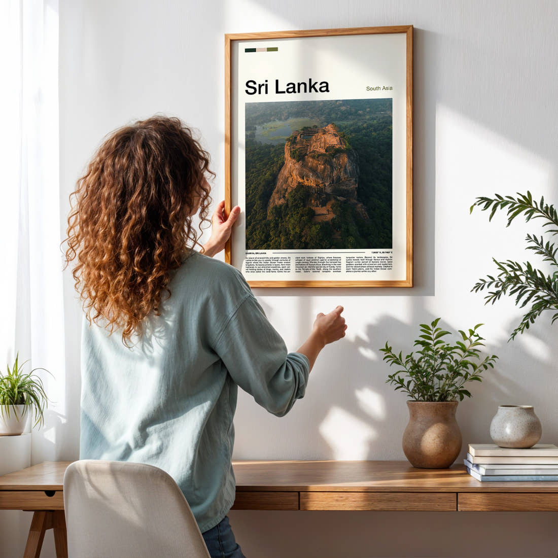Sri Lanka Aerial Rock Fortress Travel Print framed on a pale wall beside houseplants