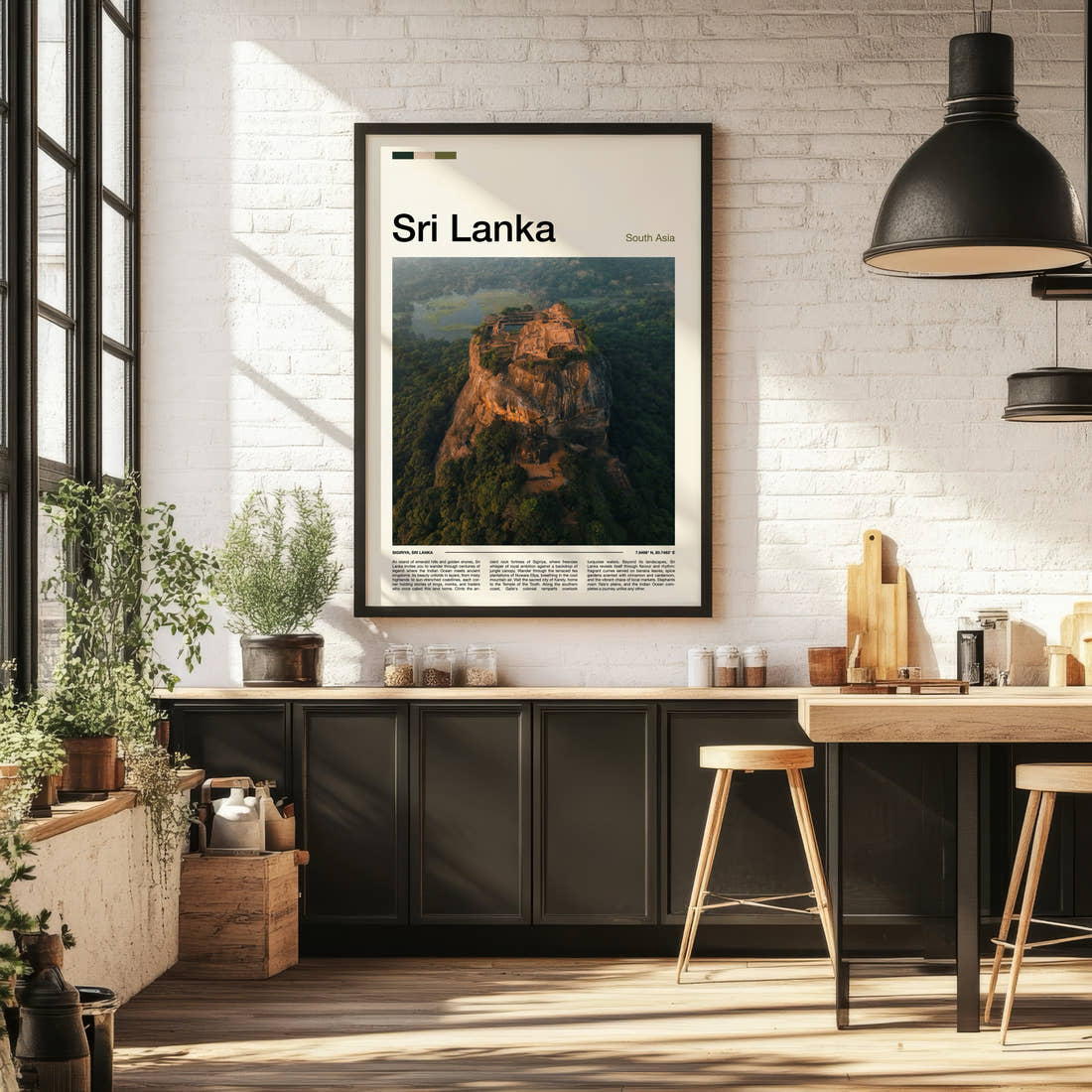Sri Lanka Aerial Rock Fortress Travel Print framed on the wall of a bright kitchen and dining space