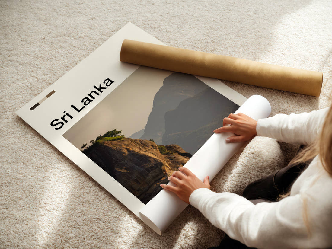 Sri Lanka Ancient Rock Fortress Travel Print being unrolled from its postal tube