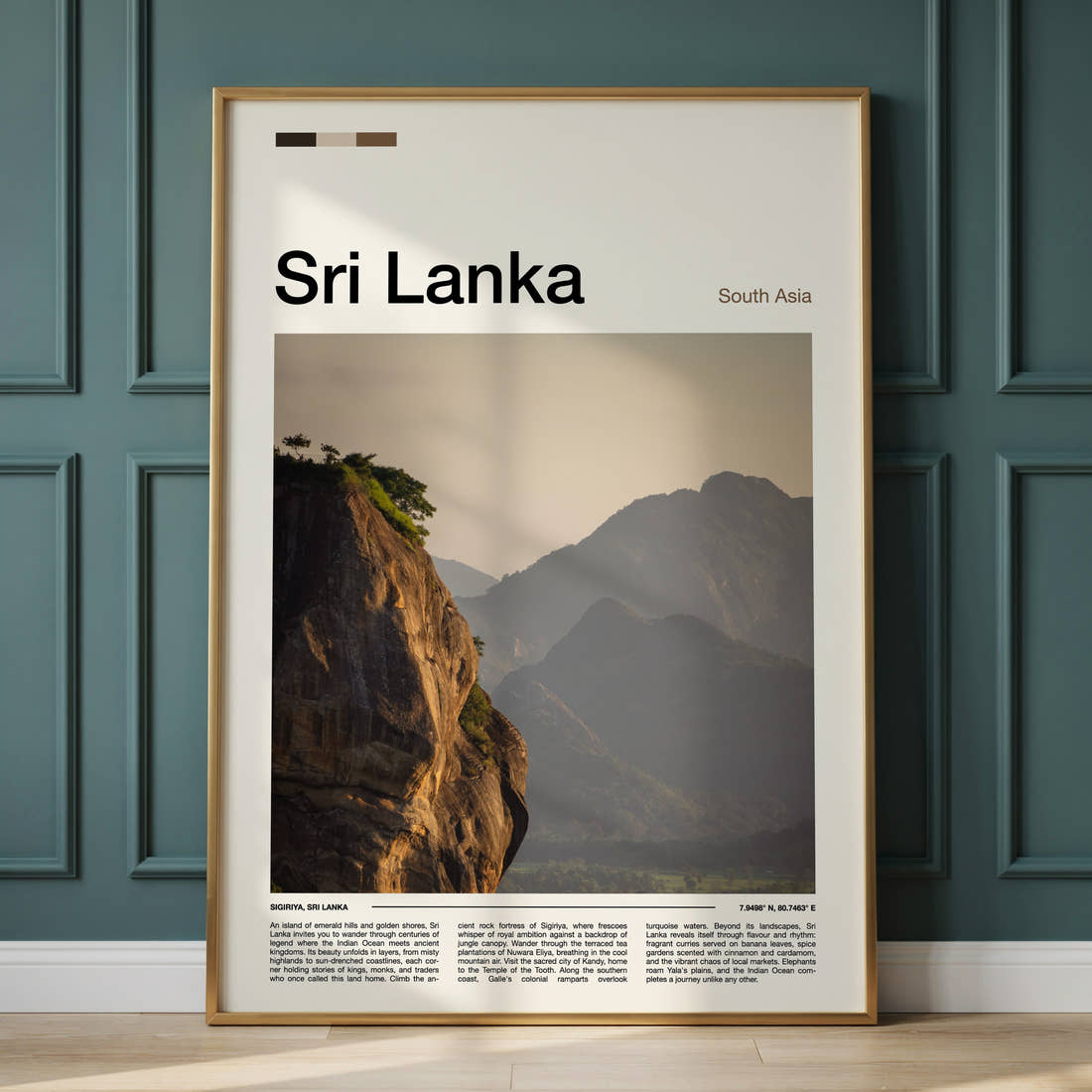 Sri Lanka Ancient Rock Fortress Travel Print framed on the wall of a calm, neutral bedroom
