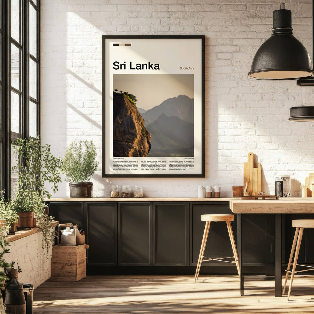 Sri Lanka Ancient Rock Fortress Travel Print framed on the wall of a bright kitchen and dining space