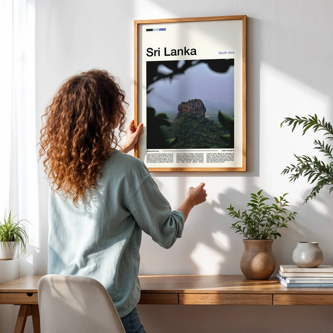 Sri Lanka Ancient Rock Fortress Travel Print framed on a pale wall beside houseplants
