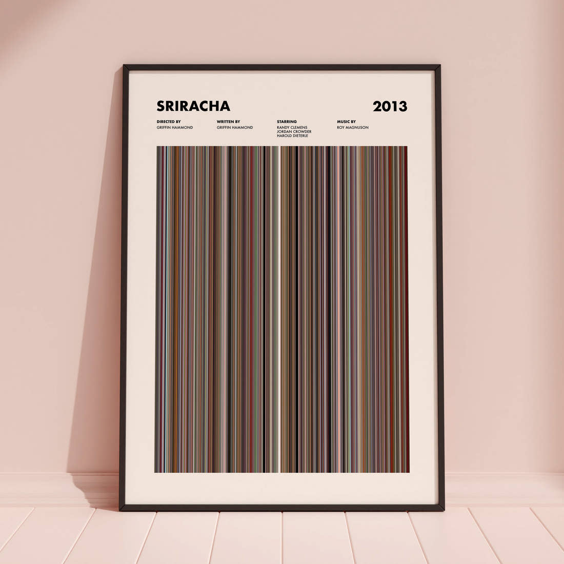 Sriracha Movie Barcode Poster framed and leaning against a coloured wall