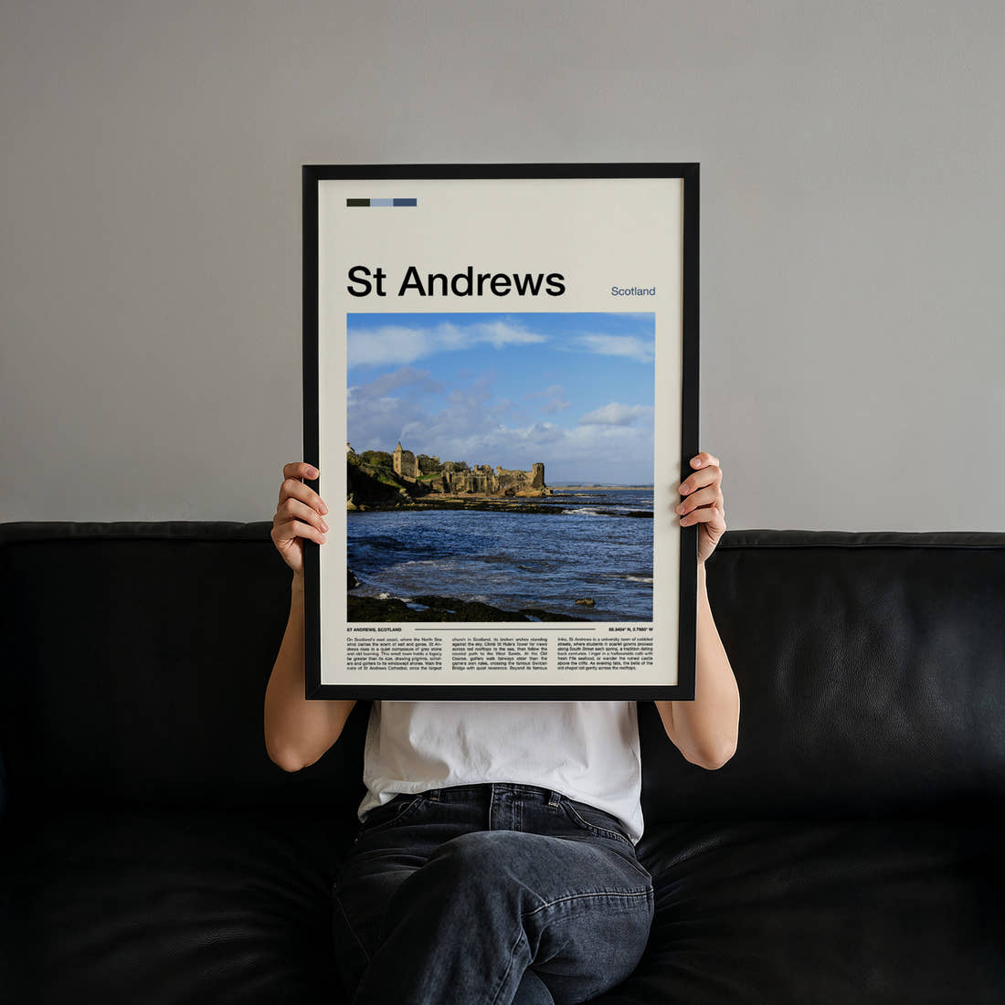 St Andrews Ruined Cathedral Coastline Travel Print held up by hand to show the size of the print