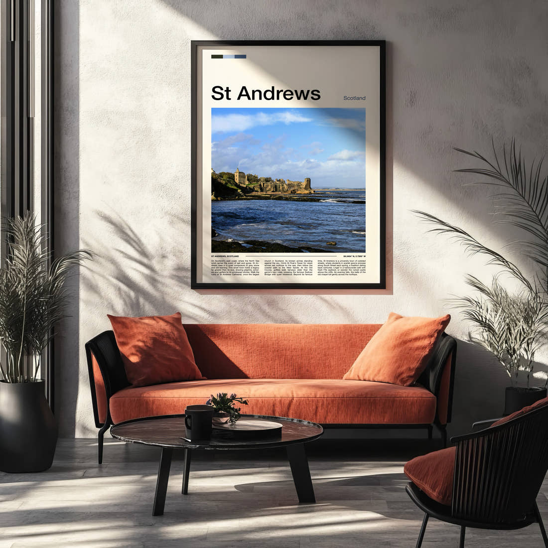 St Andrews Ruined Cathedral Coastline Travel Print framed on the wall of a modern living room