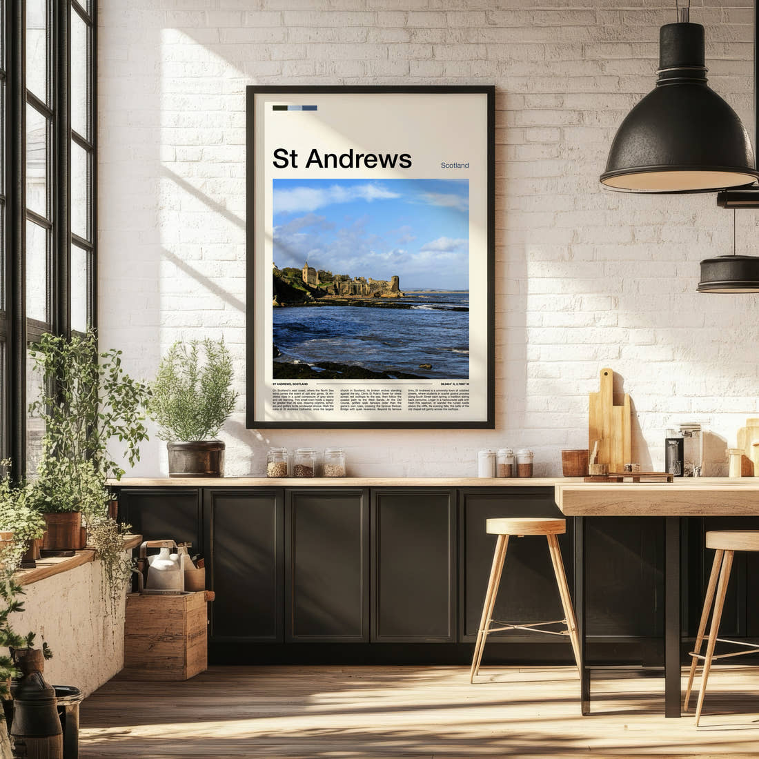 St Andrews Ruined Cathedral Coastline Travel Print framed on the wall of a bright kitchen and dining space