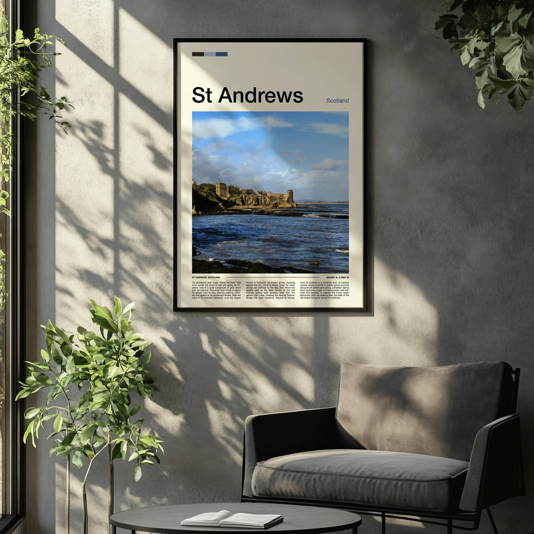 St Andrews Ruined Cathedral Coastline Travel Print framed on the wall of a relaxed living room