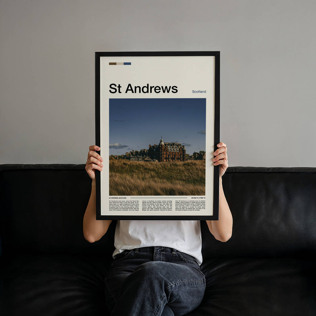 St Andrews Historic Hotel Skyline Travel Print held up by hand to show the size of the print
