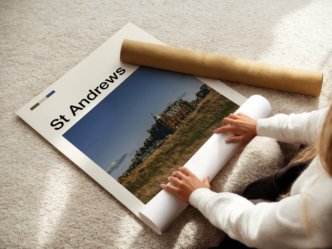 St Andrews Historic Hotel Skyline Travel Print being unrolled from its postal tube