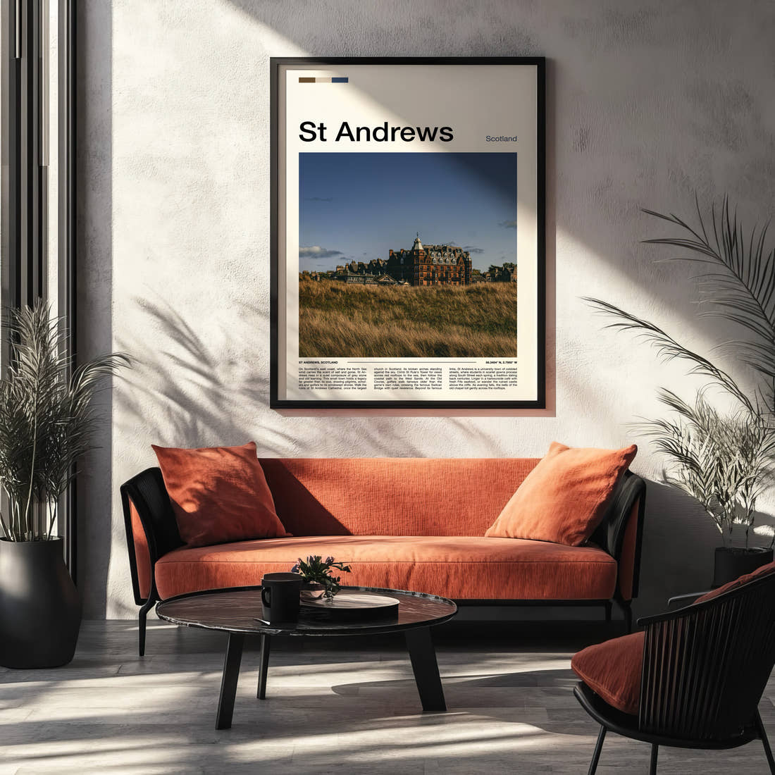 St Andrews Historic Hotel Skyline Travel Print framed on the wall of a modern living room