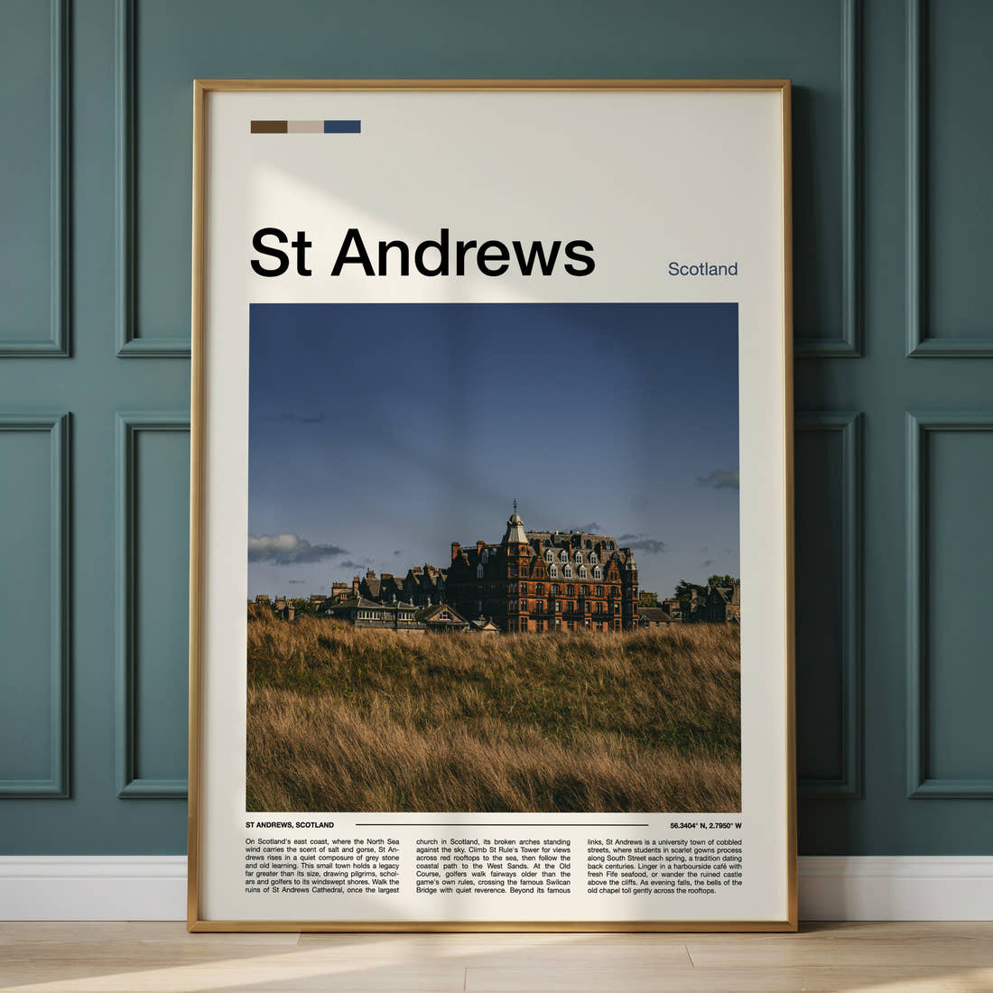 St Andrews Historic Hotel Skyline Travel Print framed on the wall of a calm, neutral bedroom