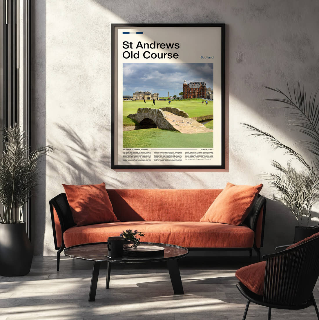St Andrews Old Course Golf Course Print framed on the wall of a modern living room