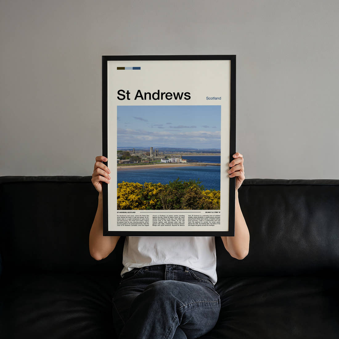 St Andrews Coastal Town View Travel Print held up by hand to show the size of the print