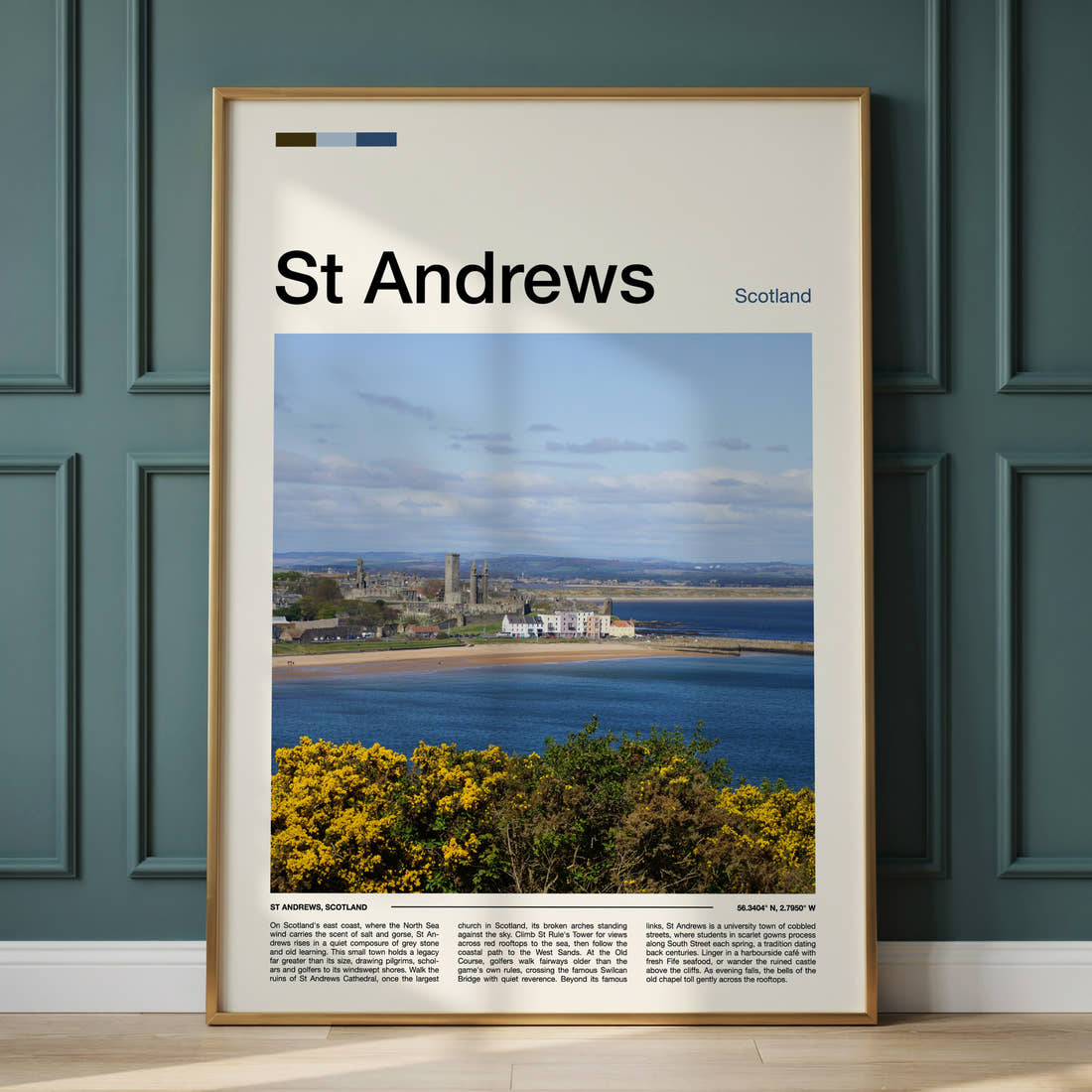 St Andrews Coastal Town View Travel Print framed on the wall of a calm, neutral bedroom