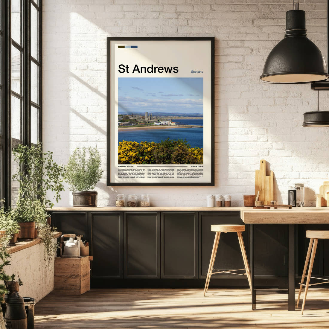 St Andrews Coastal Town View Travel Print framed on the wall of a bright kitchen and dining space