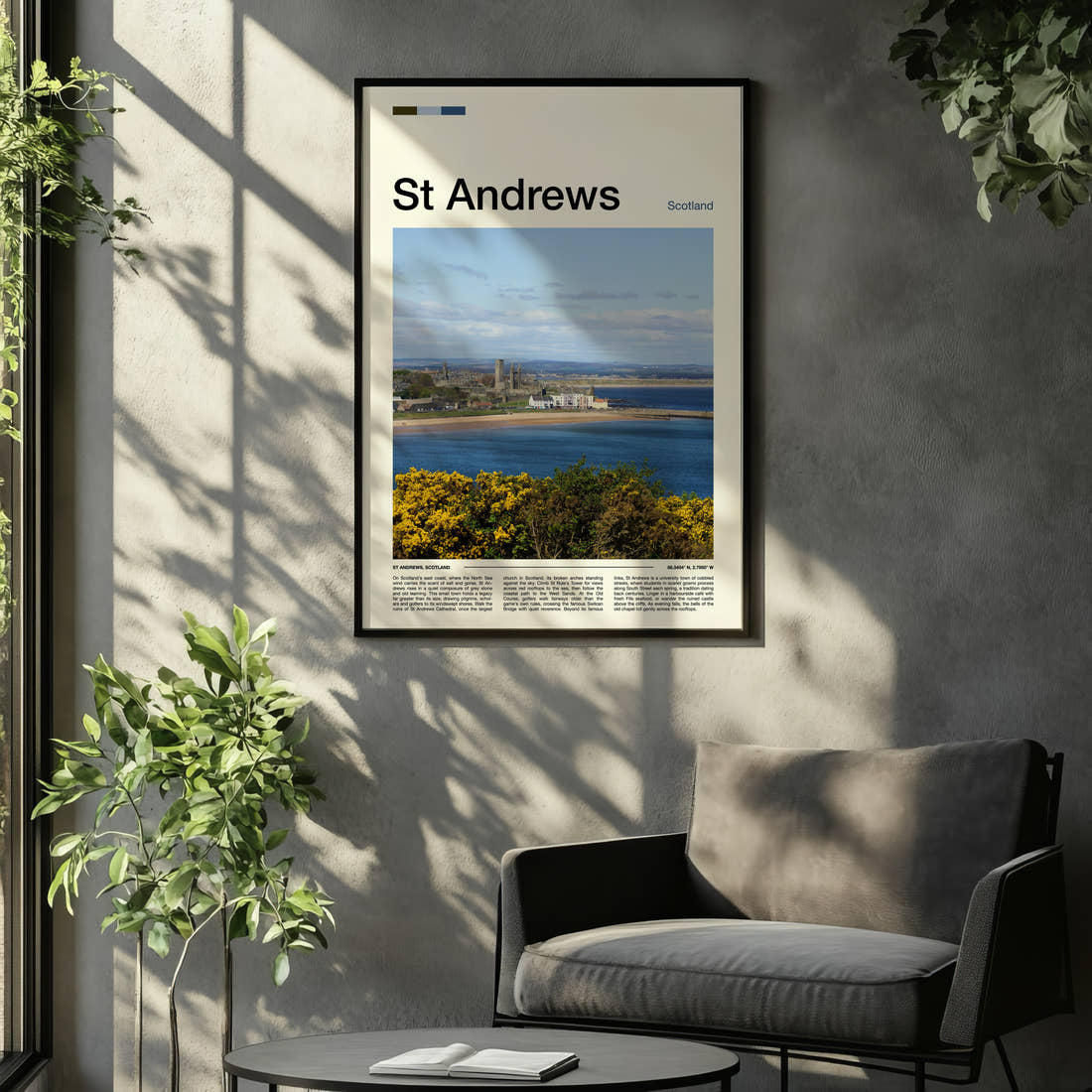 St Andrews Coastal Town View Travel Print framed on the wall of a relaxed living room