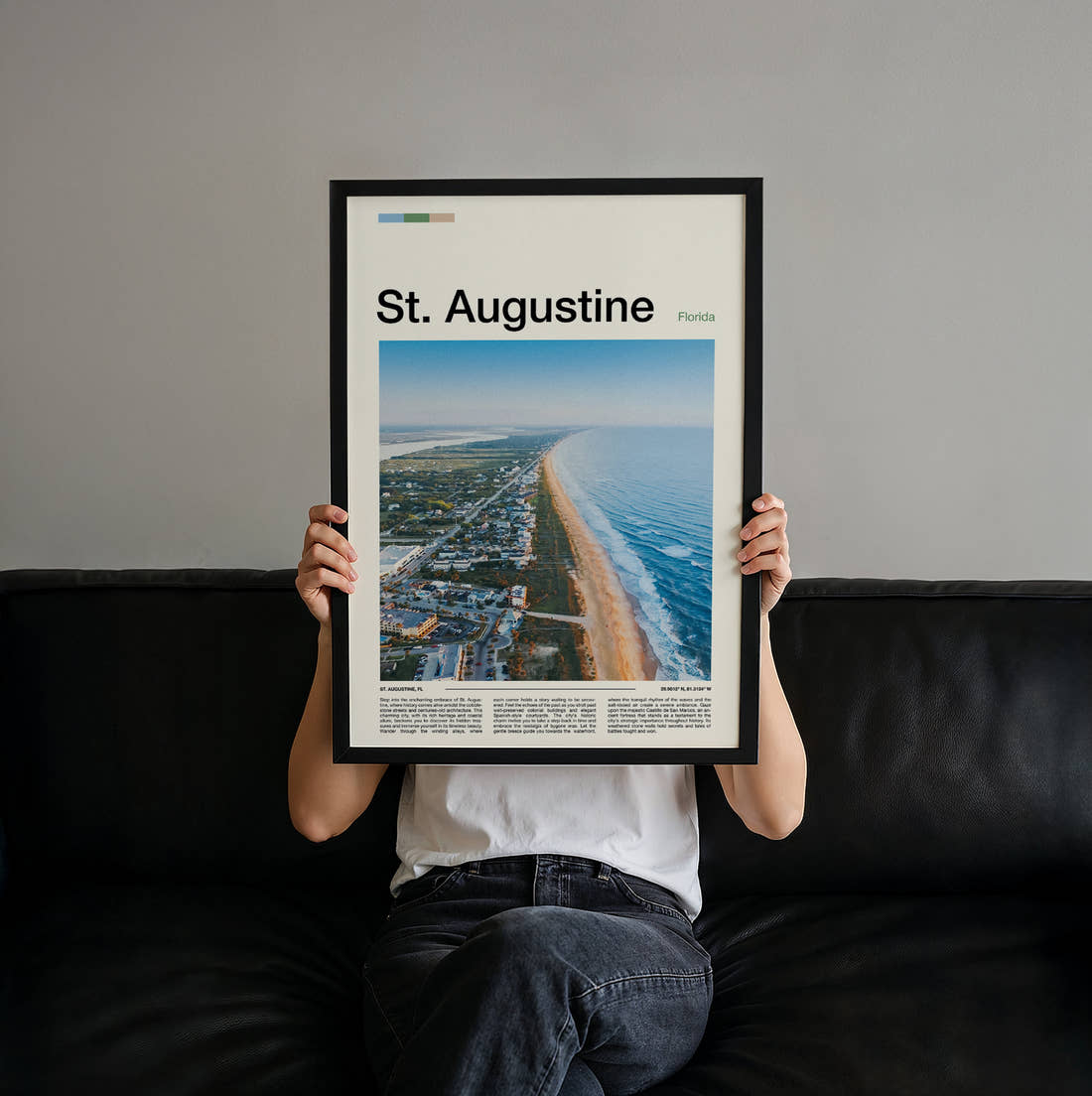 St Augustine Aerial Coastline View Travel Print held up by hand to show the size of the print