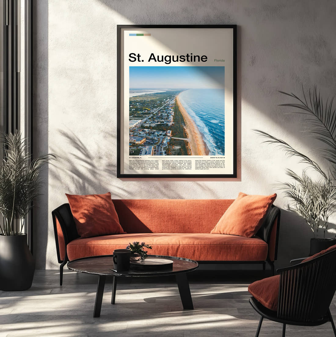 St Augustine Aerial Coastline View Travel Print framed on the wall of a modern living room