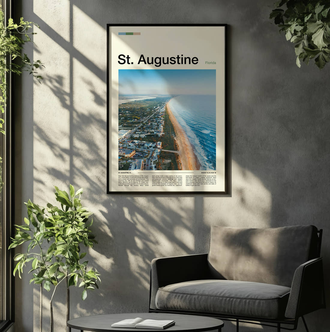 St Augustine Aerial Coastline View Travel Print framed on the wall of a relaxed living room