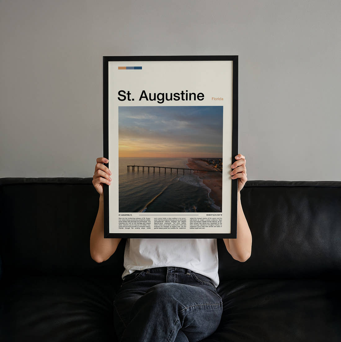 St Augustine Pier At Sunset Travel Print held up by hand to show the size of the print