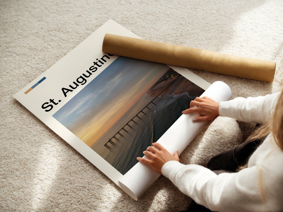 St Augustine Pier At Sunset Travel Print being unrolled from its postal tube
