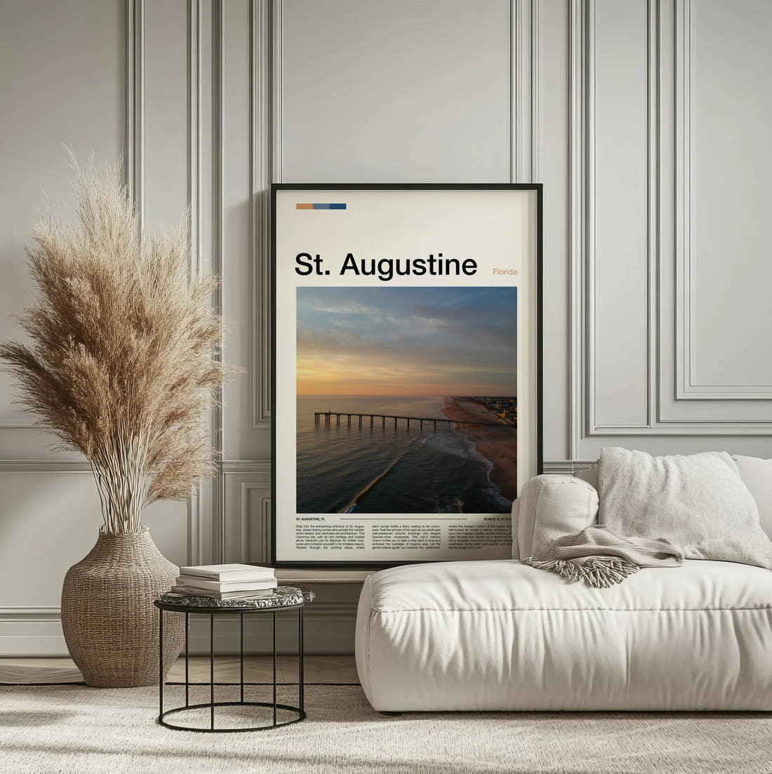 St Augustine Pier At Sunset Travel Print framed on the wall of a calm, neutral bedroom