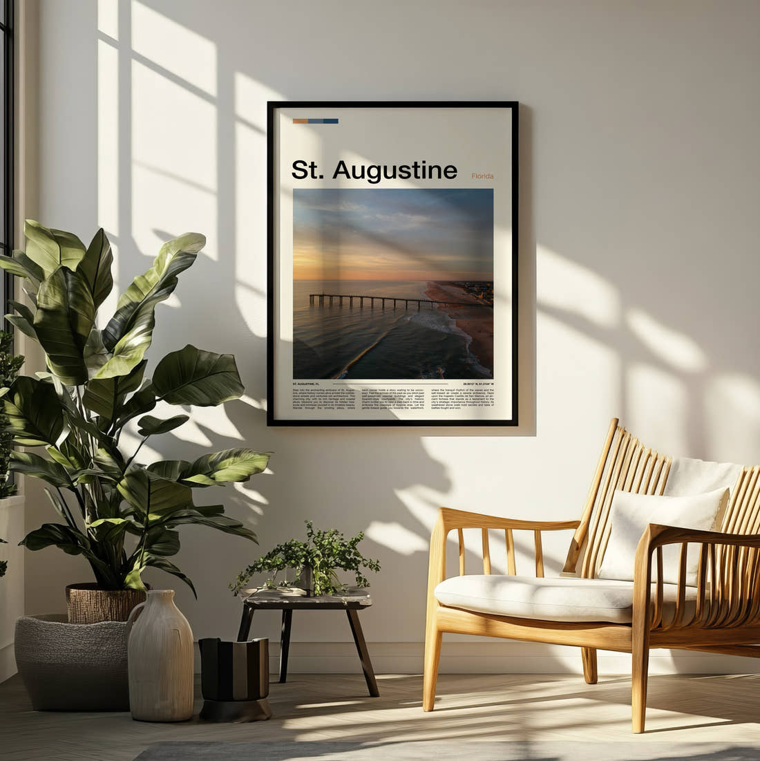 St Augustine Pier At Sunset Travel Print framed on a pale wall beside houseplants
