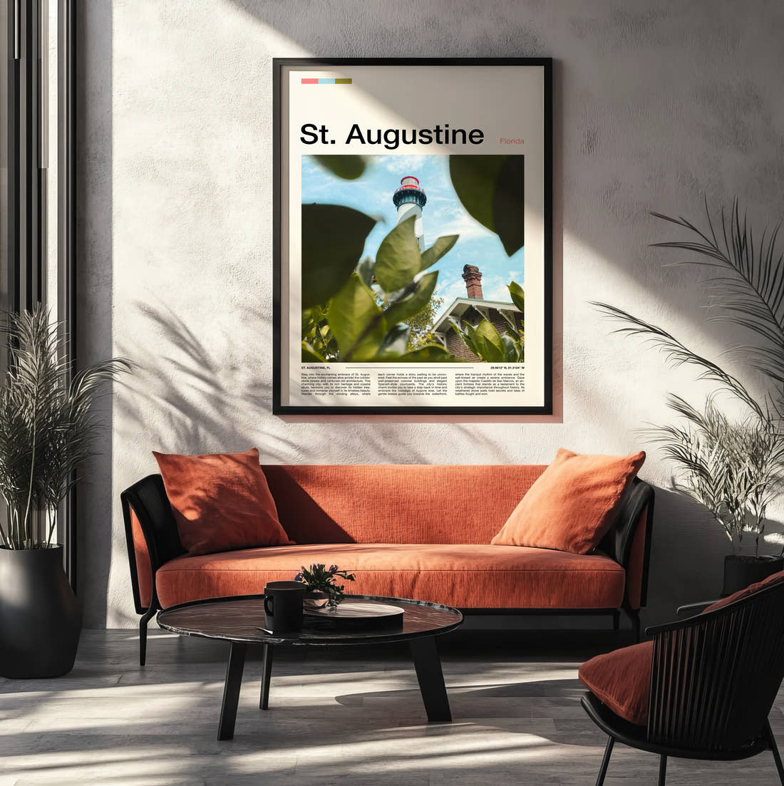 St Augustine Lighthouse Through Foliage Travel Print framed on the wall of a modern living room