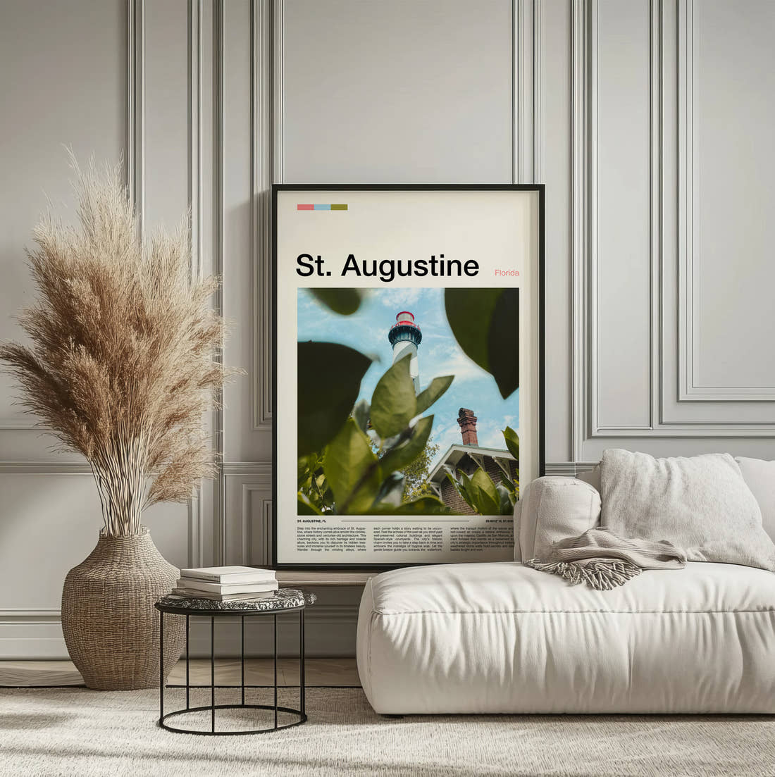 St Augustine Lighthouse Through Foliage Travel Print framed on the wall of a calm, neutral bedroom