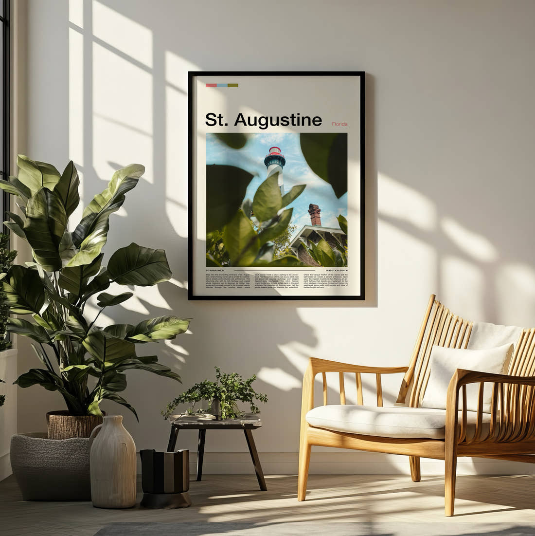 St Augustine Lighthouse Through Foliage Travel Print framed on a pale wall beside houseplants