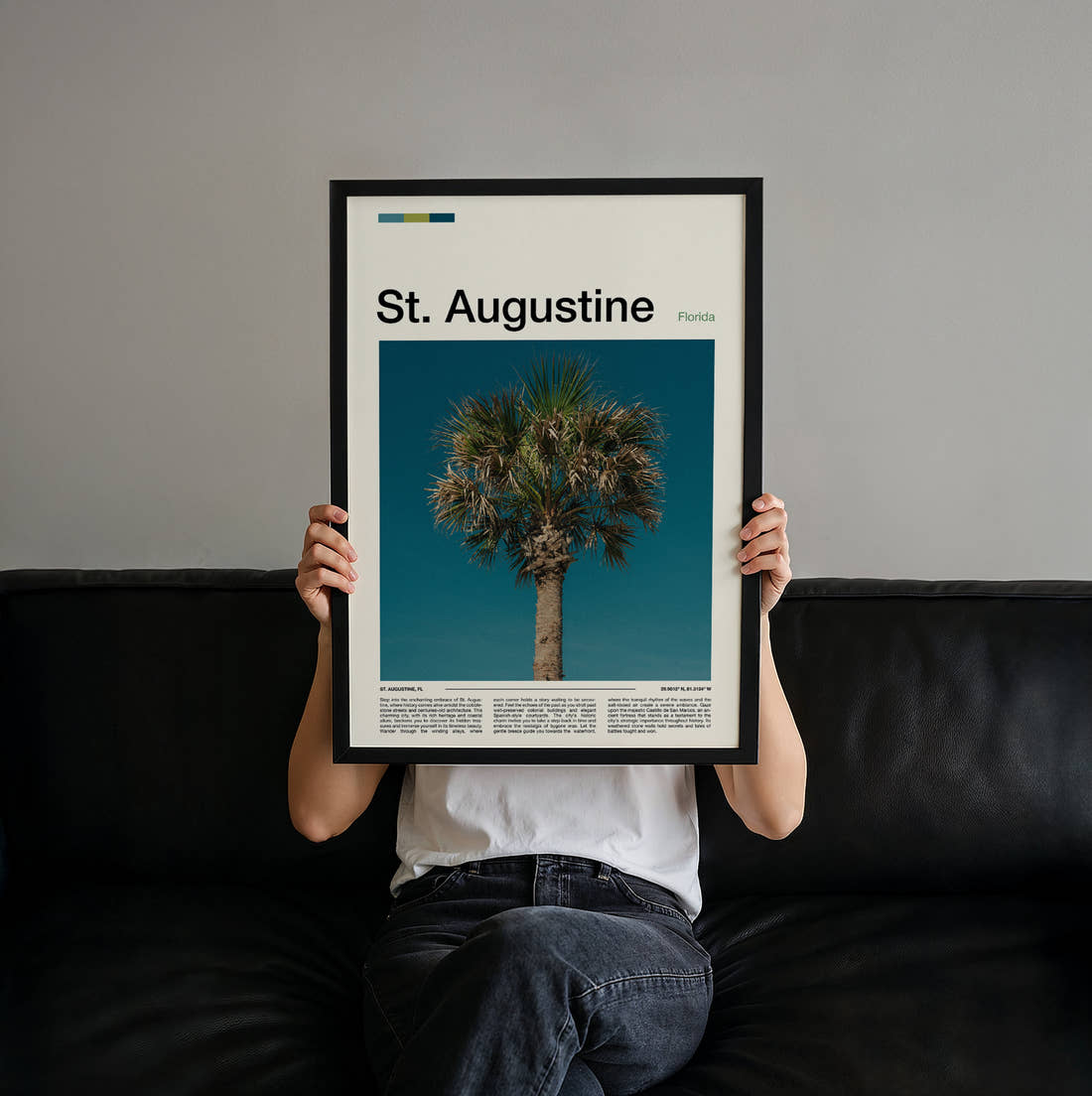 St Augustine Palm Tree Travel Print held up by hand to show the size of the print