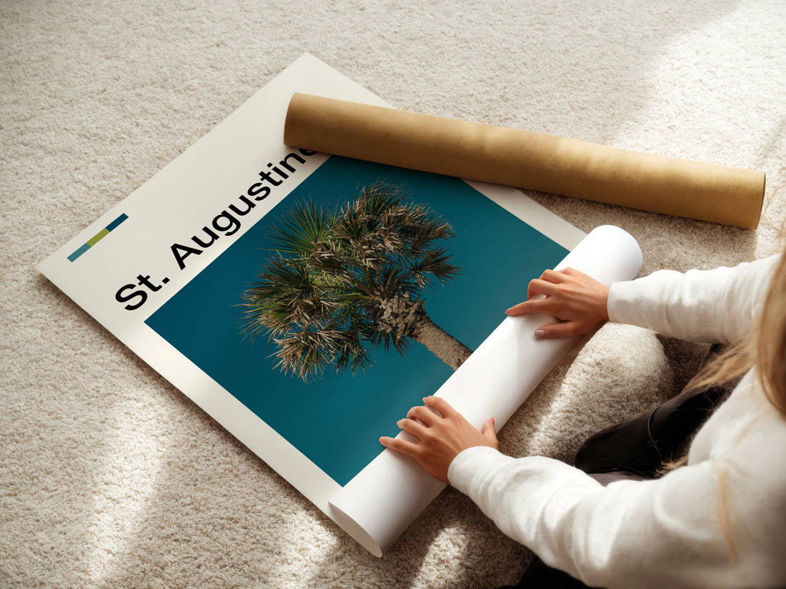 St Augustine Palm Tree Travel Print being unrolled from its postal tube