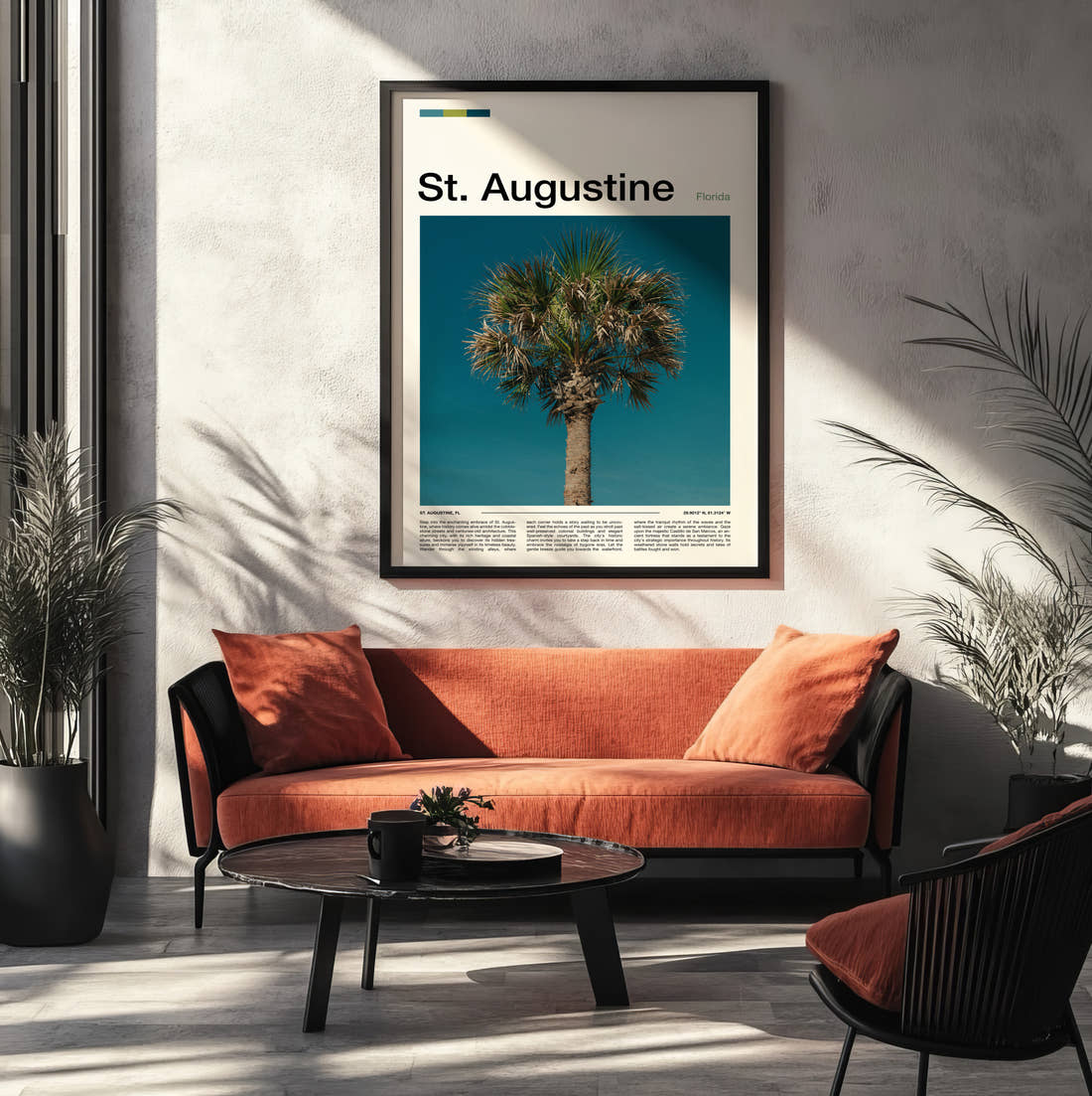 St Augustine Palm Tree Travel Print framed on the wall of a modern living room