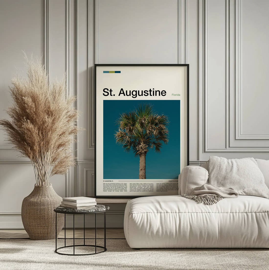 St Augustine Palm Tree Travel Print framed on the wall of a calm, neutral bedroom