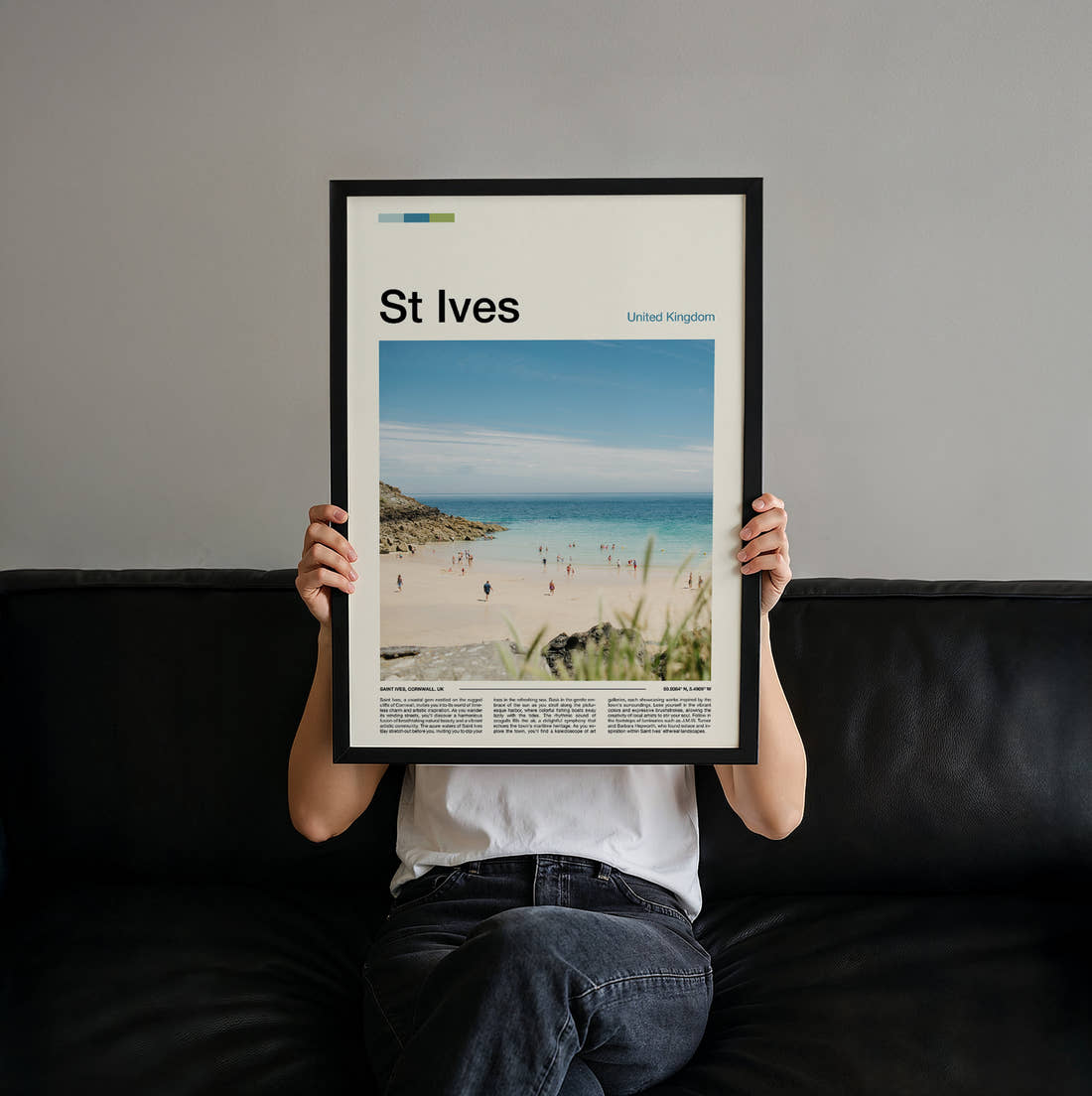 St Ives Sandy Beach Travel Print held up by hand to show the size of the print