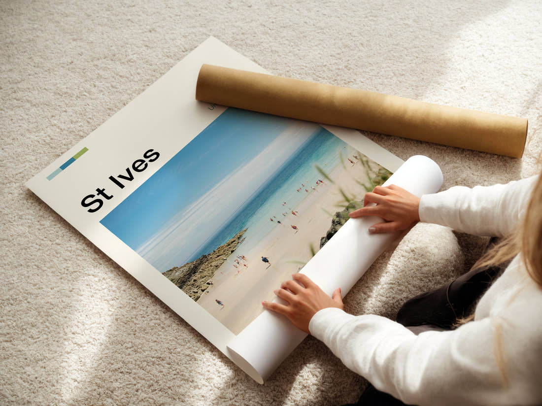 St Ives Sandy Beach Travel Print being unrolled from its postal tube