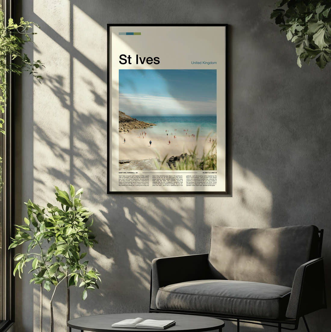 St Ives Sandy Beach Travel Print framed on the wall of a relaxed living room