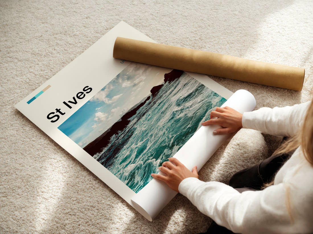 St Ives Waves On Rocky Coast Travel Print being unrolled from its postal tube