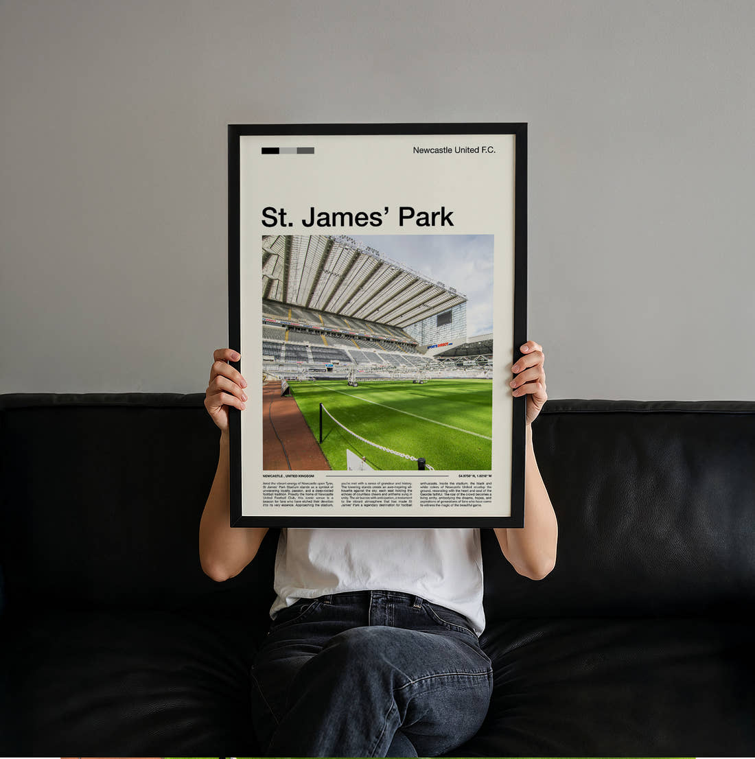 St James Park Stadium Print held up by hand to show the size of the print