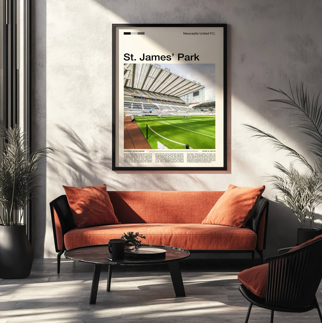 St James Park Stadium Print framed on the wall of a modern living room