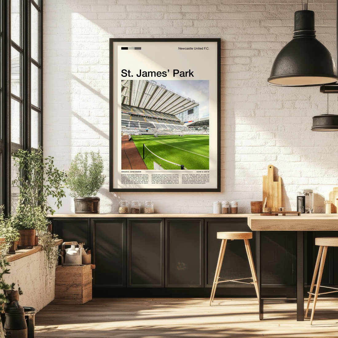 St James Park Stadium Print framed on the wall of a bright kitchen and dining space