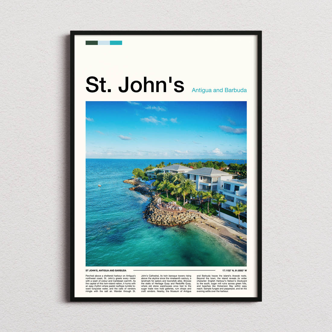 St. John's Aerial Coastal Resort Travel Print framed and photographed straight on
