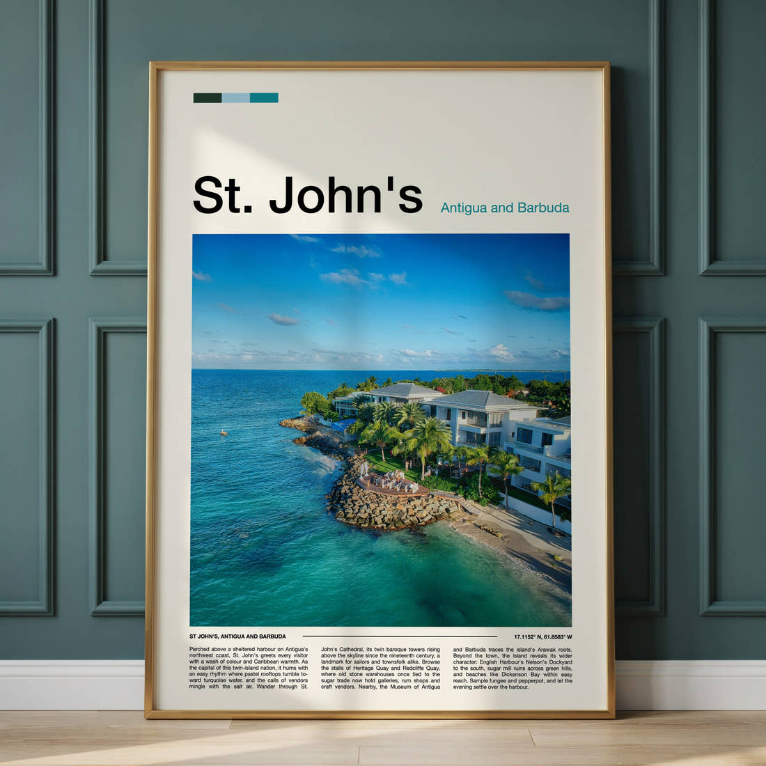St. John's Aerial Coastal Resort Travel Print framed on the wall of a calm, neutral bedroom