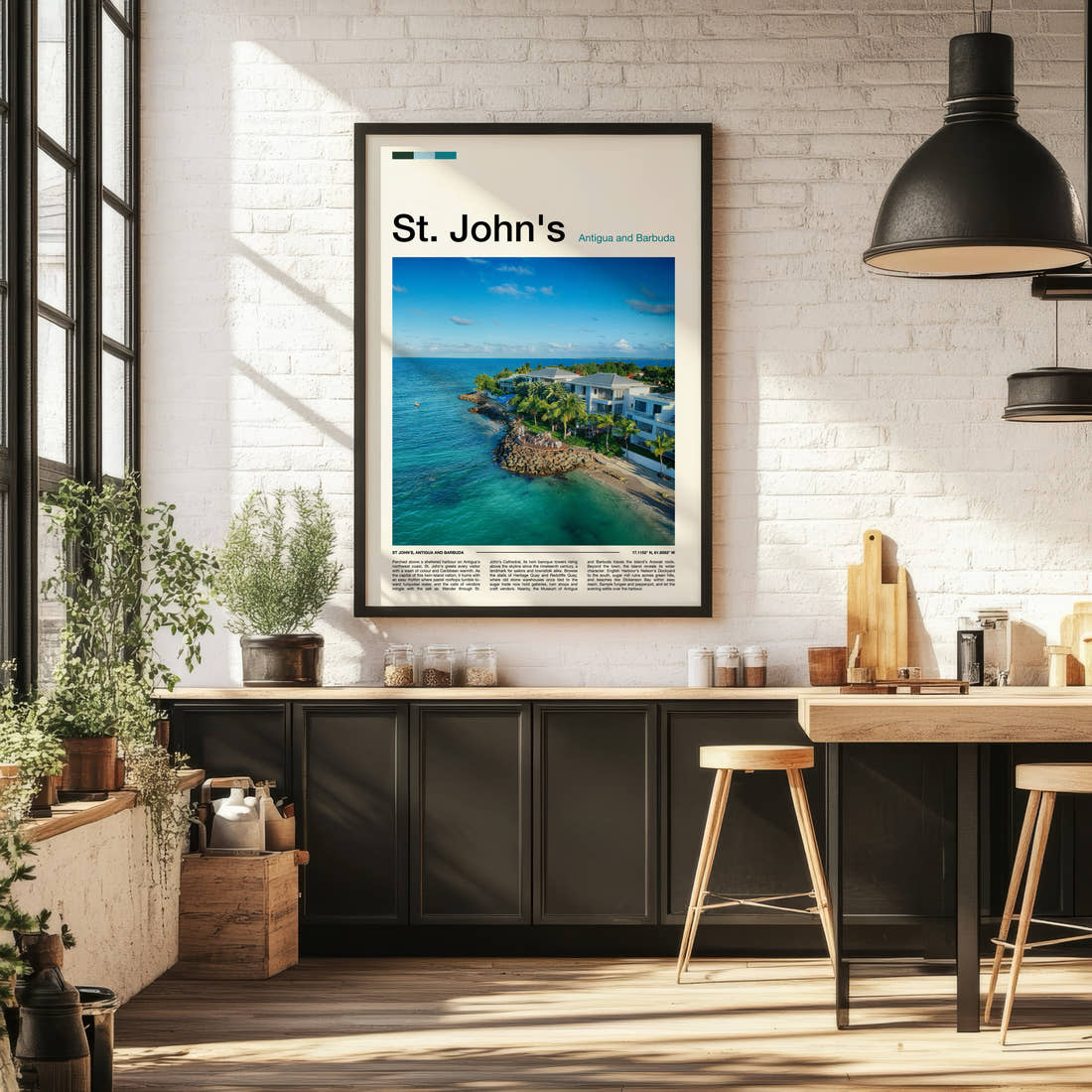 St. John's Aerial Coastal Resort Travel Print framed on the wall of a bright kitchen and dining space