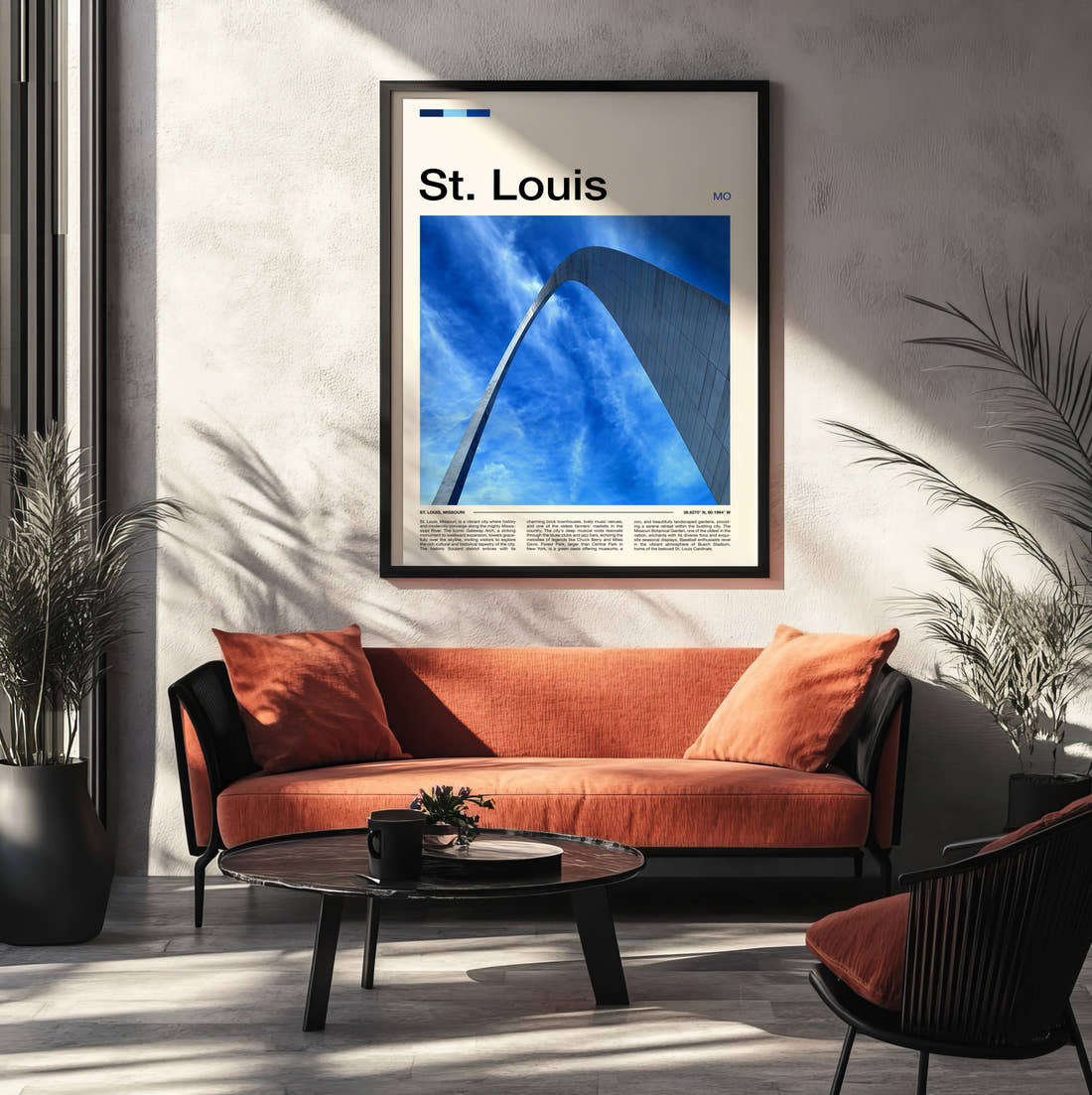 St Louis Gateway Arch Travel Print framed on the wall of a modern living room